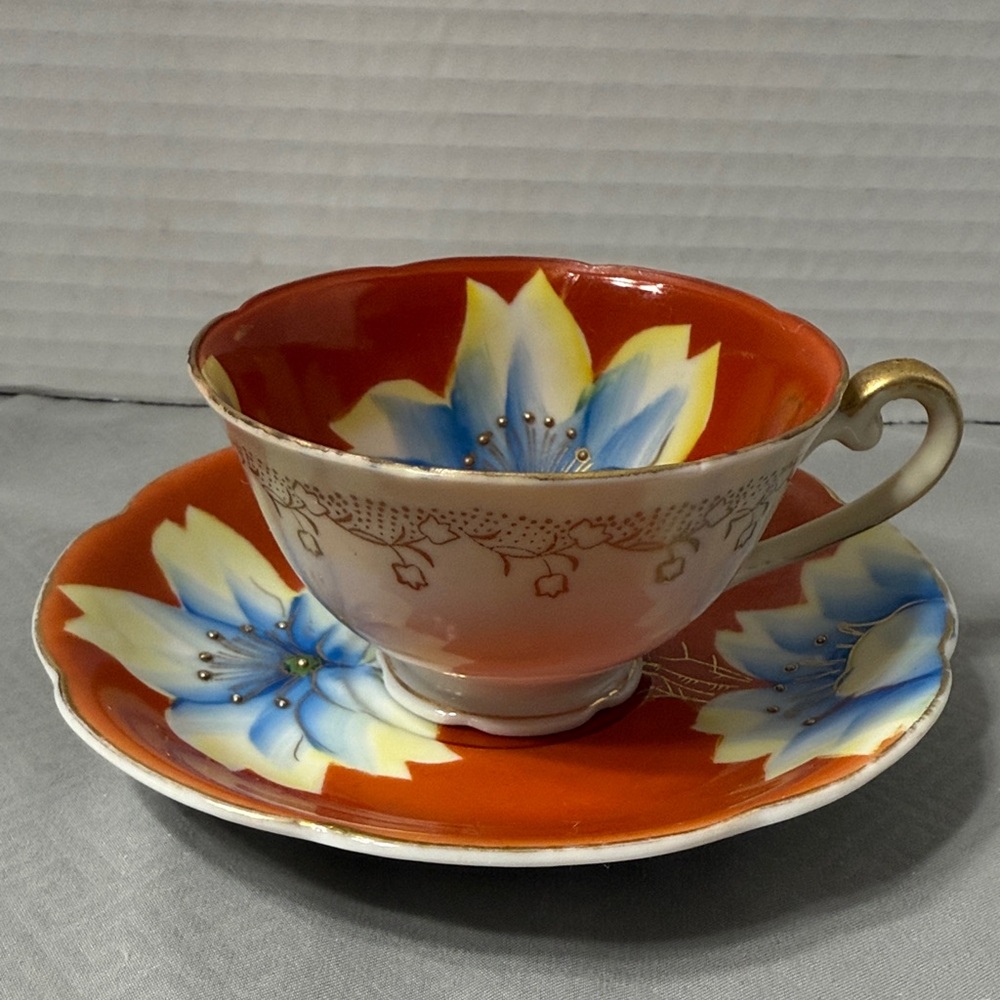 Vintage Handpainted Floral Teacup & Saucer  Porcelain Gold Detail Occupied Japan